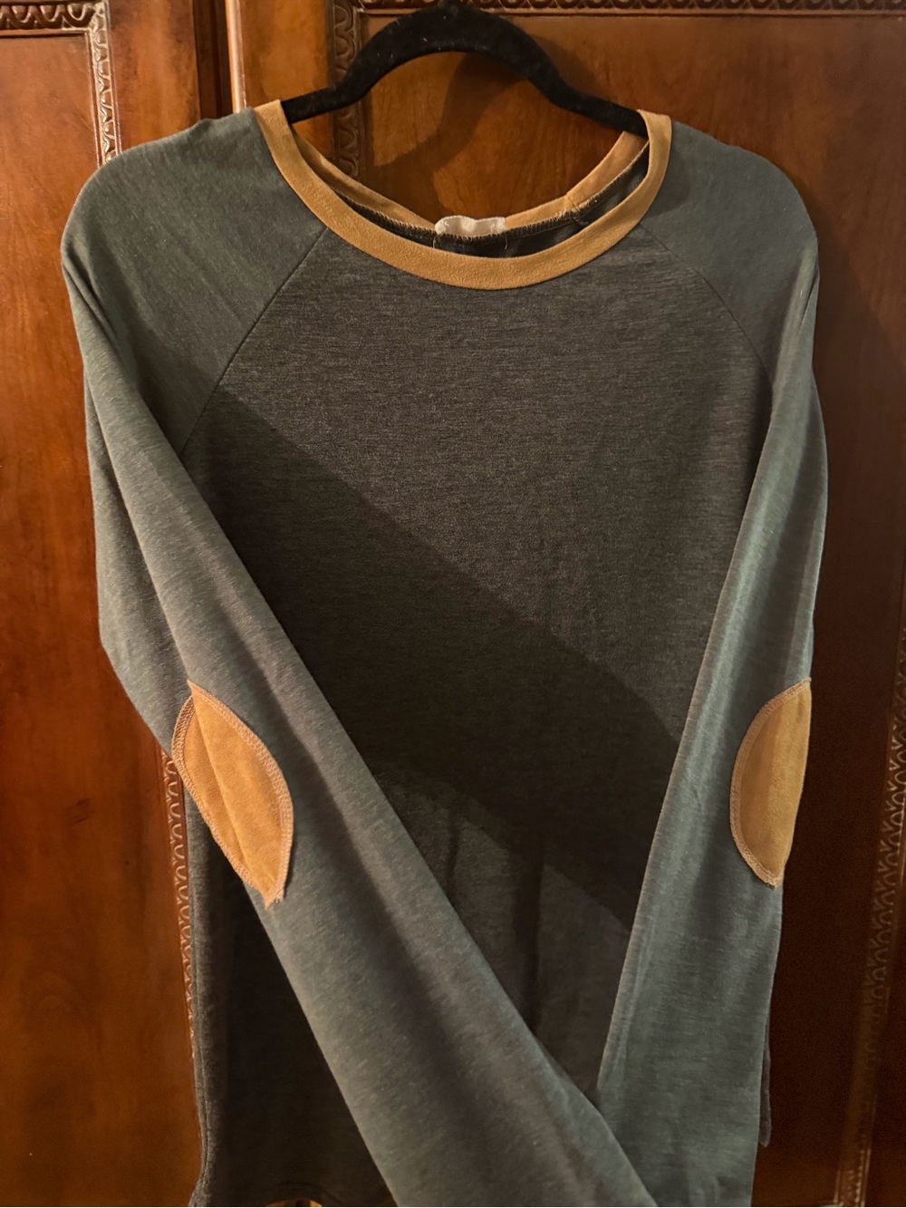 Long Sleeve Crewneck Top with Tan Elbow Patches
